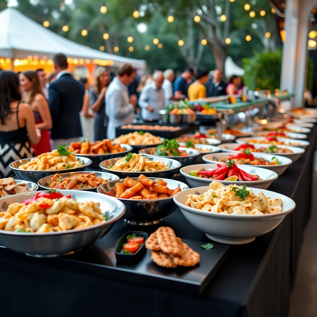 A beautifully arranged catering display featuring a variety of Māori dishes, set up at an outdoor event. The scene is vibrant and festive, with guests enjoying the food and the atmosphere. The focus is on the quality and presentation of the catering spread. 4K resolution.