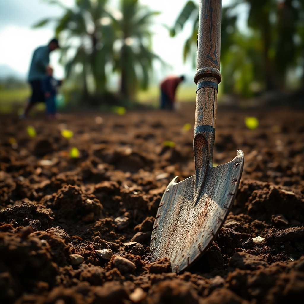 A close-up, photorealistic image showcasing traditional Māori gardening tools, such as a ko (digging stick) and patu ōhua (planting implement), resting against freshly tilled soil in a māra. The sun is gently illuminating the tools and soil, highlighting the textures and natural colors. In the background, blurred figures of people can be seen working in the garden. Style: Authentic and respectful, emphasizing the connection between Māori culture and the land. Technical Specs: 4K resolution, high detail.