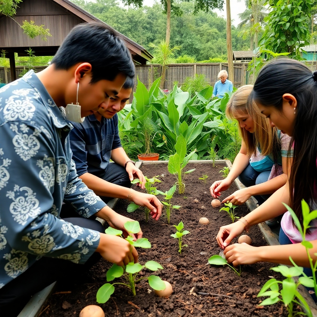 A group of people participating in a hands-on gardening workshop in the Māra Kai garden. They are learning about traditional Māori planting techniques and working with the soil. The atmosphere is educational and engaging. 4K resolution.