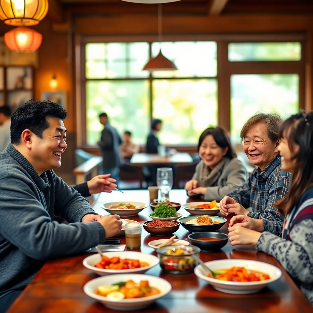 A heart-warming, photorealistic image depicting a family sharing a meal together at a table in the Māra Kai cafe. The atmosphere is warm and inviting, with natural light streaming through the windows. The table is laden with traditional Māori dishes, and the family members are laughing and enjoying each other's company. In the background, blurred figures of other cafe patrons can be seen. Style: Authentic and relatable, emphasizing the importance of family and community. Technical Specs: 4K resolution, high detail.