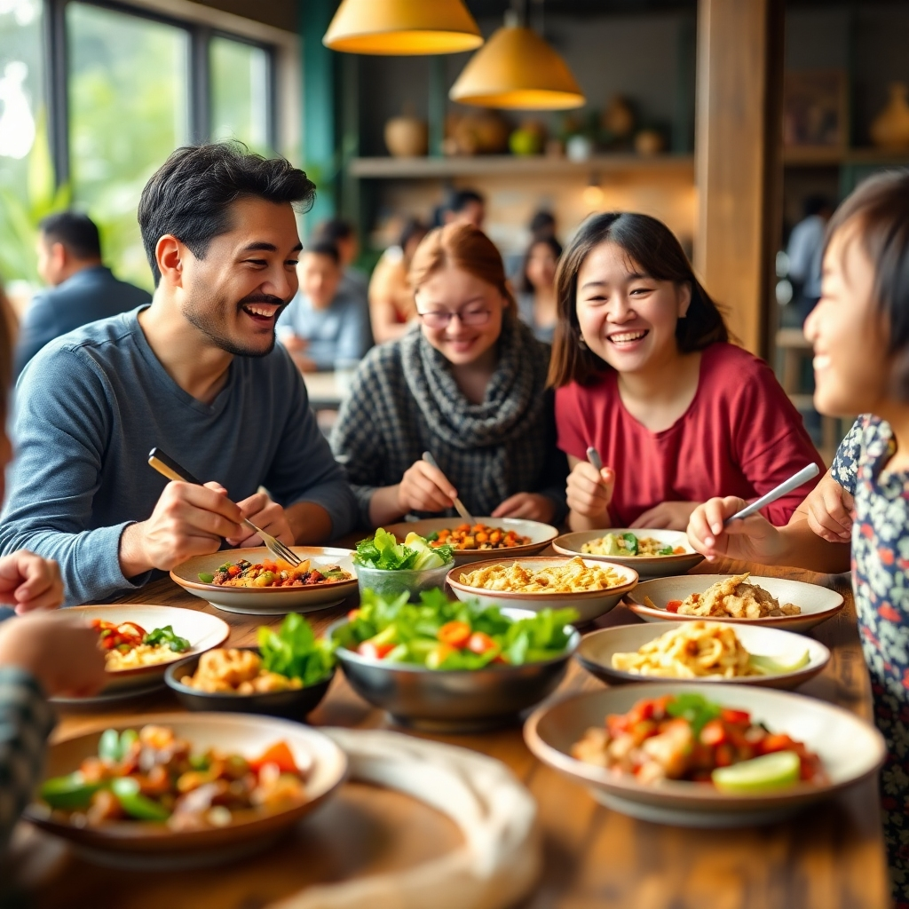 A heartwarming, photorealistic image depicting a family enjoying a healthy Māori meal together at the Māra Kai cafe. The family members are smiling and laughing, and the atmosphere is warm and inviting. The table is laden with nutritious and delicious dishes, made with fresh ingredients from the Māra Kai garden. The background is a blurred view of the cafe, with other families enjoying their meals. Style: Family-oriented and wholesome, emphasizing the importance of healthy eating. Technical Specs: 4K resolution, high detail.