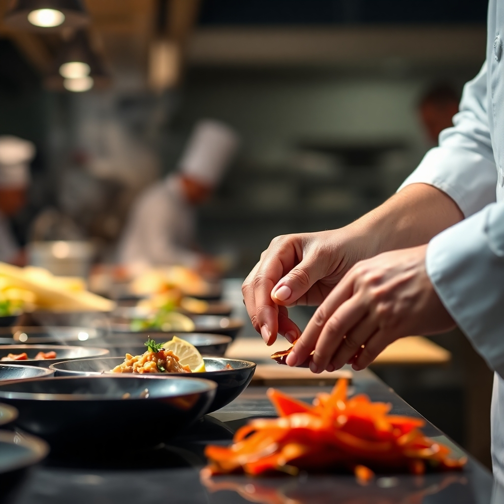 A photorealistic close-up image showcasing a traditional Māori dish being prepared in the Māra Kai kitchen. The focus is on the hands of the chef, skillfully preparing the ingredients with care and precision. The background is a blurred view of the bustling kitchen, with other chefs working in the background. The lighting is warm and inviting, highlighting the textures and colors of the ingredients. Style: Authentic and respectful, emphasizing the craftsmanship and tradition of Māori cooking. Technical Specs: 4K resolution, high detail.