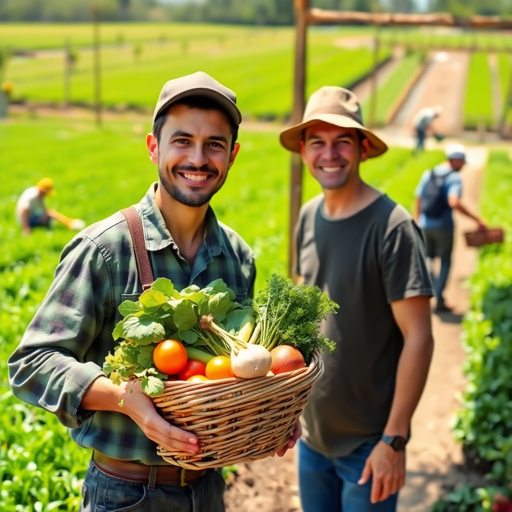A photorealistic image depicting a farmer delivering fresh produce to the Māra Kai cafe. The farmer is smiling and handing over a basket of freshly harvested vegetables to the cafe owner. The background shows the lush green fields of the farm, with other farmers working in the distance. The lighting is bright and sunny, emphasizing the freshness and quality of the produce. Style: Sustainable and community-focused, highlighting the importance of local sourcing. Technical Specs: 4K resolution, high detail.