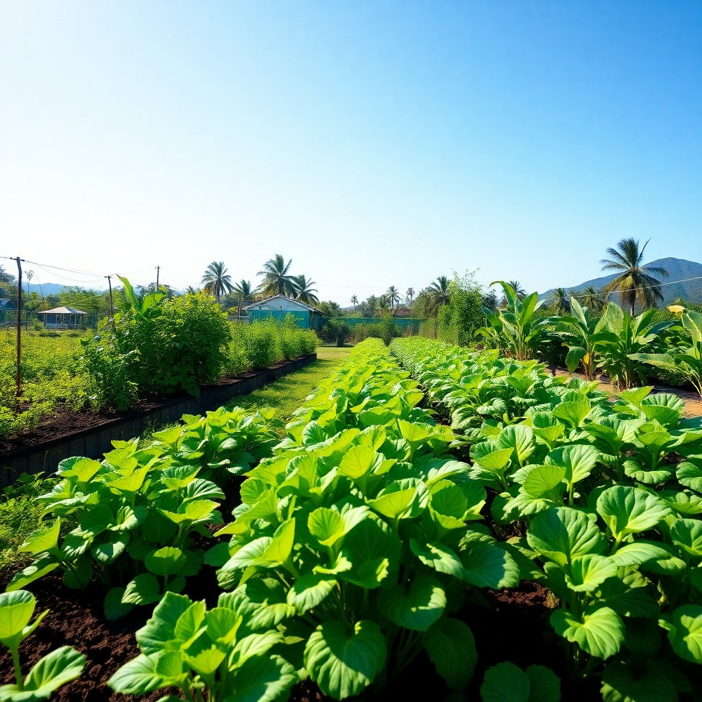 A photorealistic image depicting the Māra Kai garden thriving with lush green plants and vegetables. The garden is well-maintained and organized, with a variety of sustainable gardening practices in place. The background shows a clear blue sky and a healthy ecosystem. The lighting is bright and sunny, emphasizing the beauty and vitality of nature. Style: Sustainable and environmentally conscious, highlighting the importance of responsible practices. Technical Specs: 4K resolution, high detail.