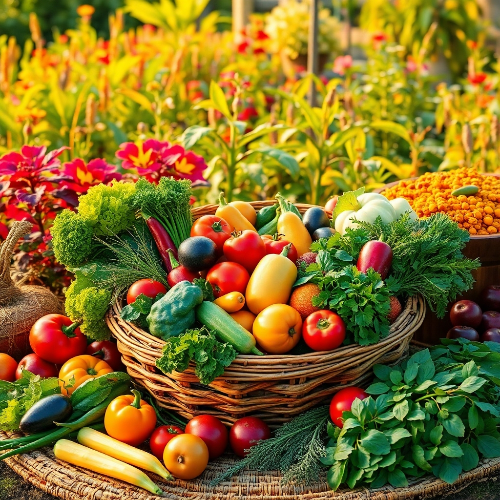 A vibrant, photorealistic image depicting a seasonal harvest from the Māra Kai garden. The scene showcases a colorful assortment of fresh vegetables, fruits, and herbs, arranged in a rustic wooden basket or on a woven mat. The background shows the māra, with different plants flourishing in their respective seasons. Warm, natural lighting enhances the colors and textures of the produce. Style: Abundant and inviting, celebrating the bounty of the land. Technical Specs: 4K resolution, high detail.