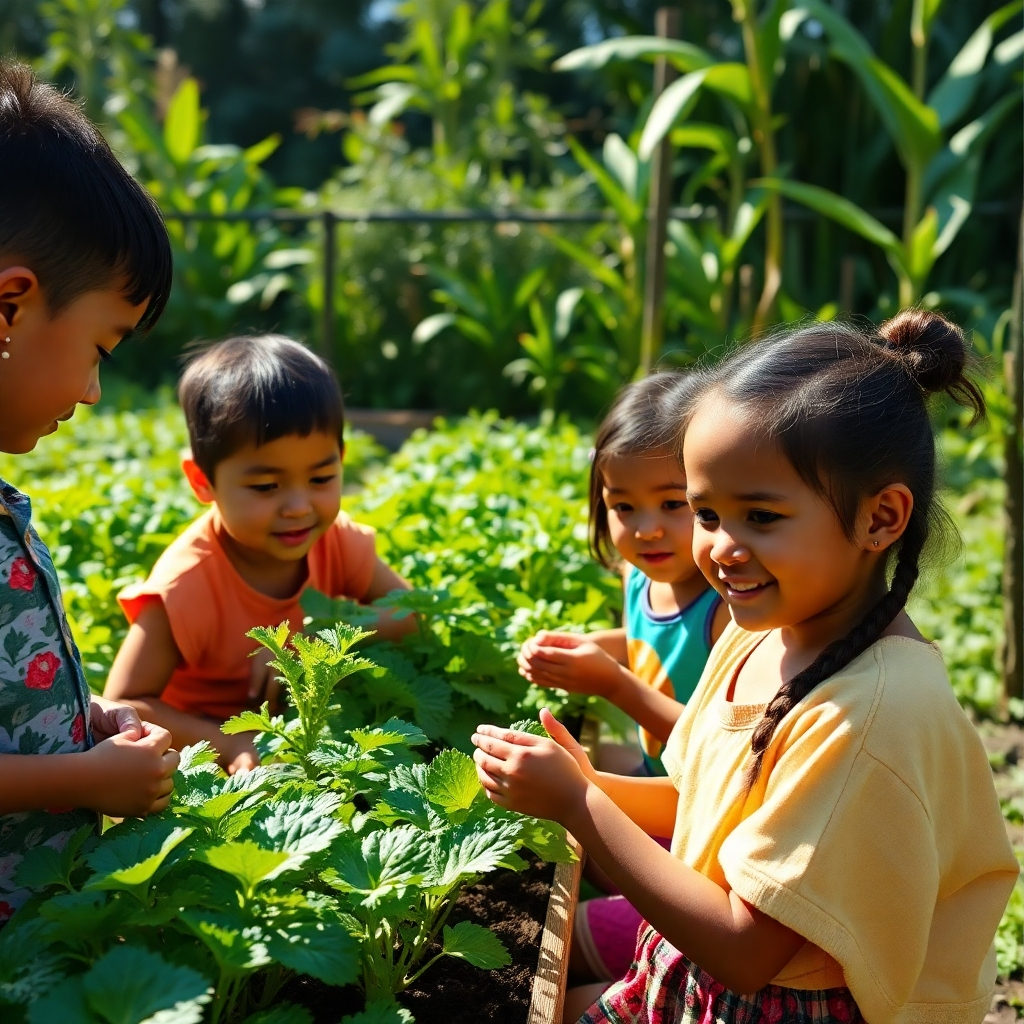 A visually striking, photorealistic image depicting a group of children learning about traditional Māori gardening practices in the Māra Kai garden. The children are engaged and enthusiastic, and the atmosphere is educational and fun. The background shows the lush green garden, with a variety of plants and vegetables growing. The lighting is bright and sunny, emphasizing the beauty of nature. Style: Educational and inspiring, highlighting the importance of cultural preservation. Technical Specs: 4K resolution, high detail.