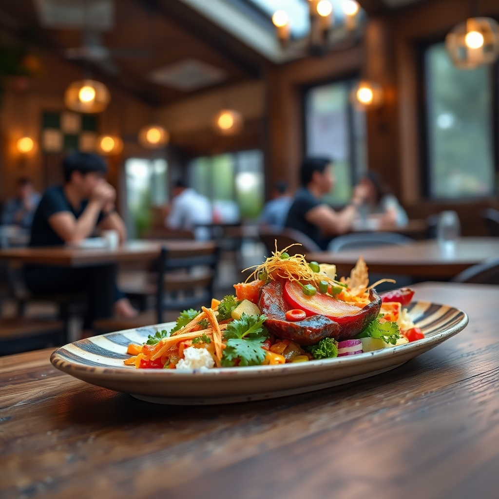 A visually stunning, photorealistic image showcasing a beautifully plated Māori dish on a rustic wooden table. The dish is composed of a variety of colorful and flavorful ingredients, arranged in an artistic and appealing manner. The background is a blurred view of the Māra Kai cafe, with other patrons enjoying their meals. The lighting is soft and warm, highlighting the textures and colors of the dish. Style: Elegant and sophisticated, emphasizing the beauty and artistry of Māori cuisine. Technical Specs: 4K resolution, high detail.
