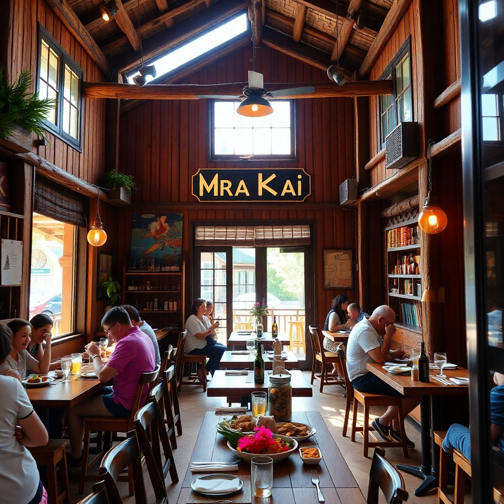 A warm and inviting interior shot of the Māra Kai cafe, showcasing the dining area with tables set and patrons enjoying their meals. Natural light streams through the windows, highlighting the rustic decor and the vibrant colors of the food. The atmosphere is relaxed and welcoming. 4K resolution.